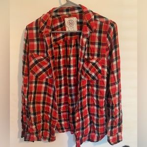 Red, white, black plaid button down shirt